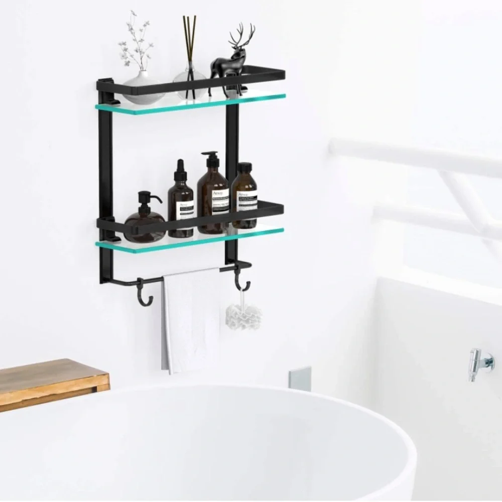 Tempered Glass Bathroom Shelf, 2 Tier Shelf with Towel bar Wall Mounted